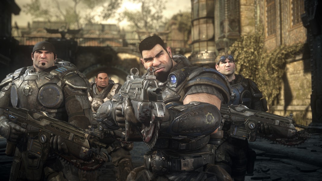 Gears of War: Ultimate Edition - An in-game screenshot of Marcus, Cole, Dom, and Baird at the end of one of the chapters.